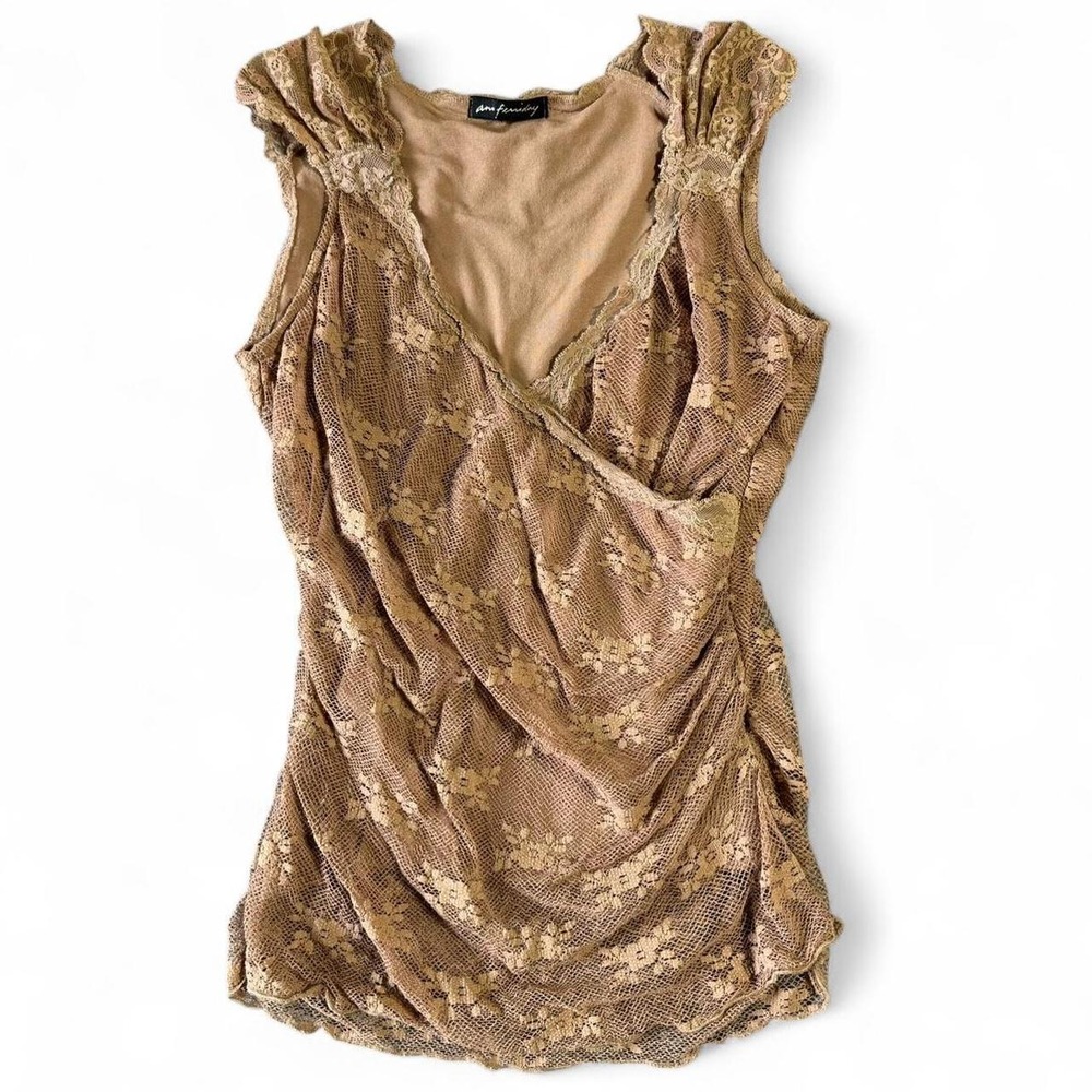 Vintage Tan Ann Ferriday Lace Surplice Tank Top Large